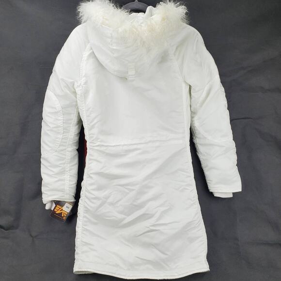 Alpha Industries White Parka Ski Coat Faux Fur Hood Gorpcore Thigh Length Jacket - Picture 7 of 10